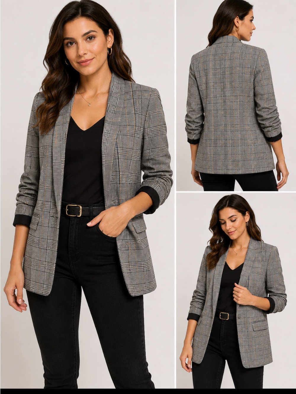 Gianni Bini Black and Gray Plaid Open-Front Blazer size 2 preppy, classic, off,c